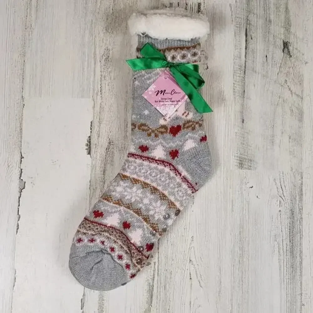 New Set of 4 Mari Clare Sherpa Lined Holiday No Slip Slipper Socks Women's